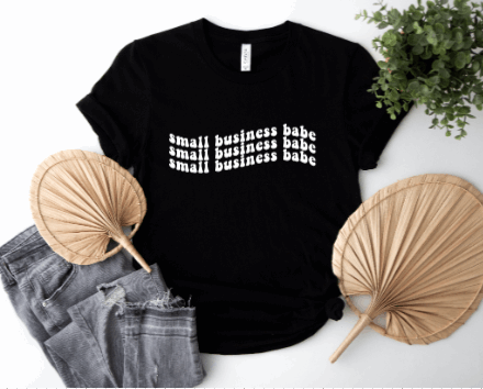 Black T-shirt with repeating Small Business Babe design