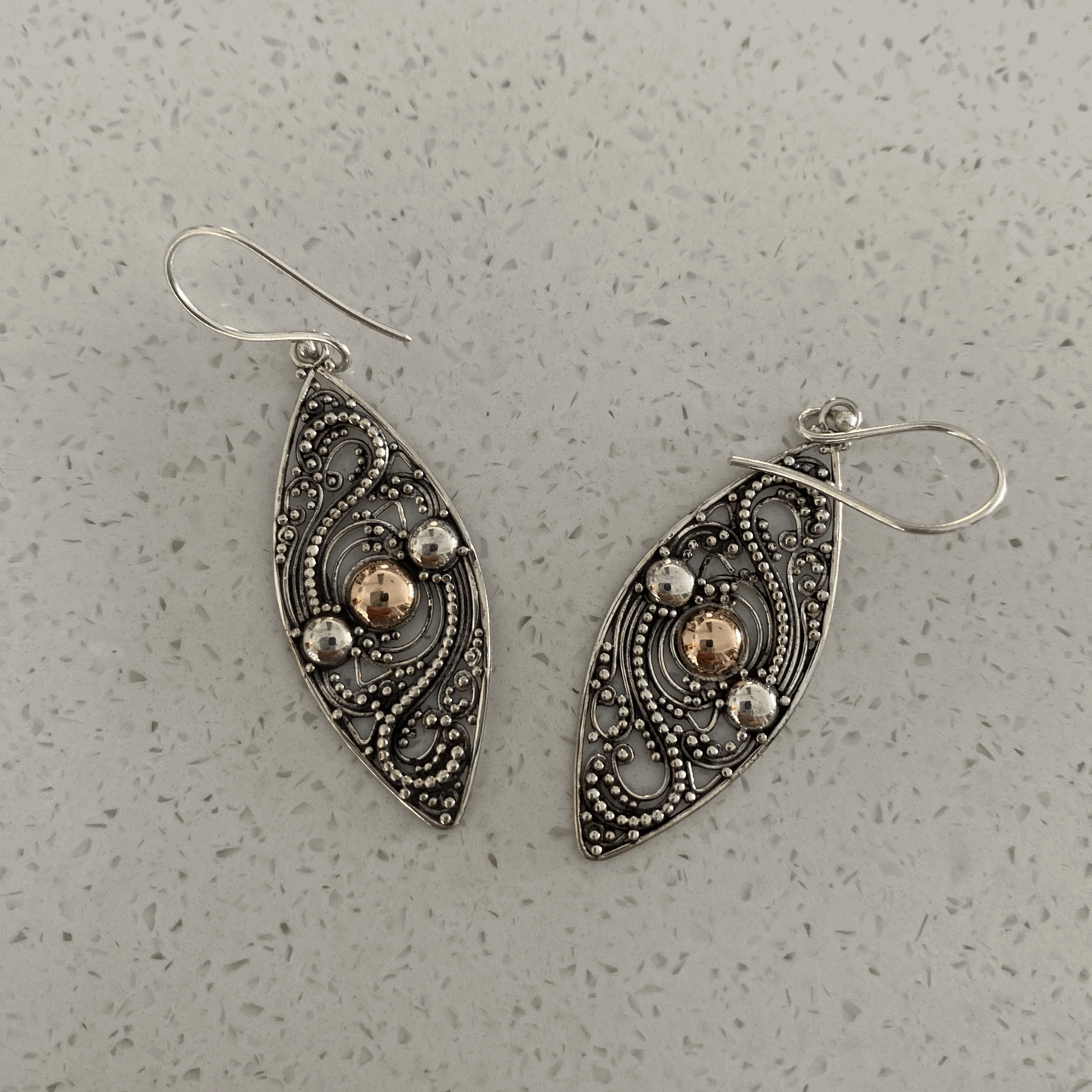 Antique-Inspired Filigree Sterling Silver Earrings with 18ct Rose Gold Accents