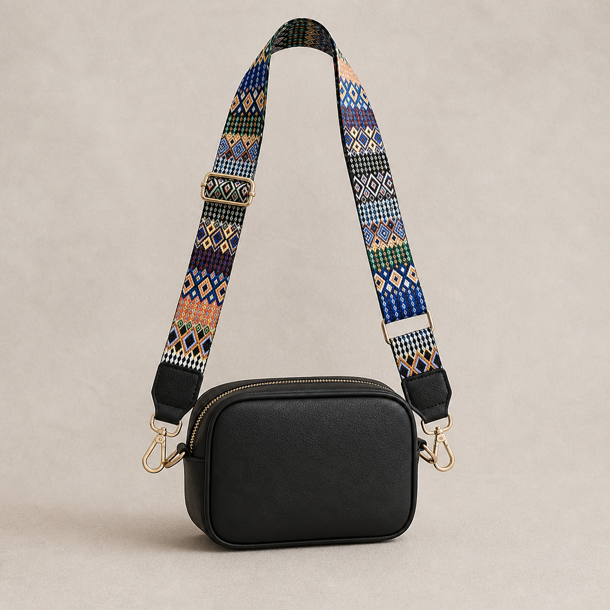 Festival Mosaic interchangeable strap styled on a black crossbody bag; bag not included
