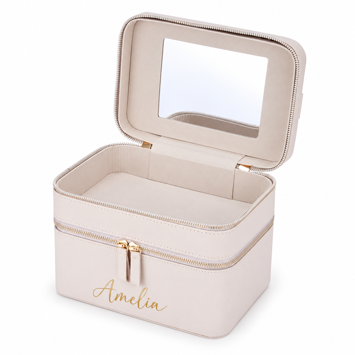 Open beige travel makeup case mockup showing built-in mirror and storage compartments