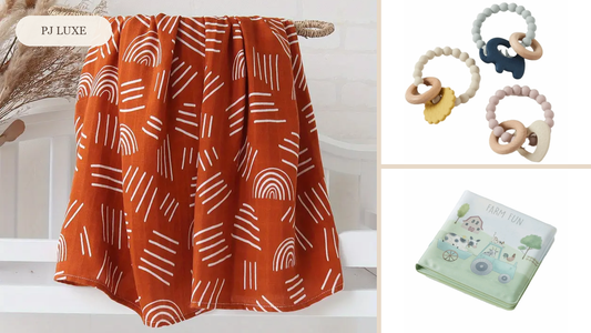 PJ Luxe baby shower gift under A$50 with muslin blanket, teethers and bath book