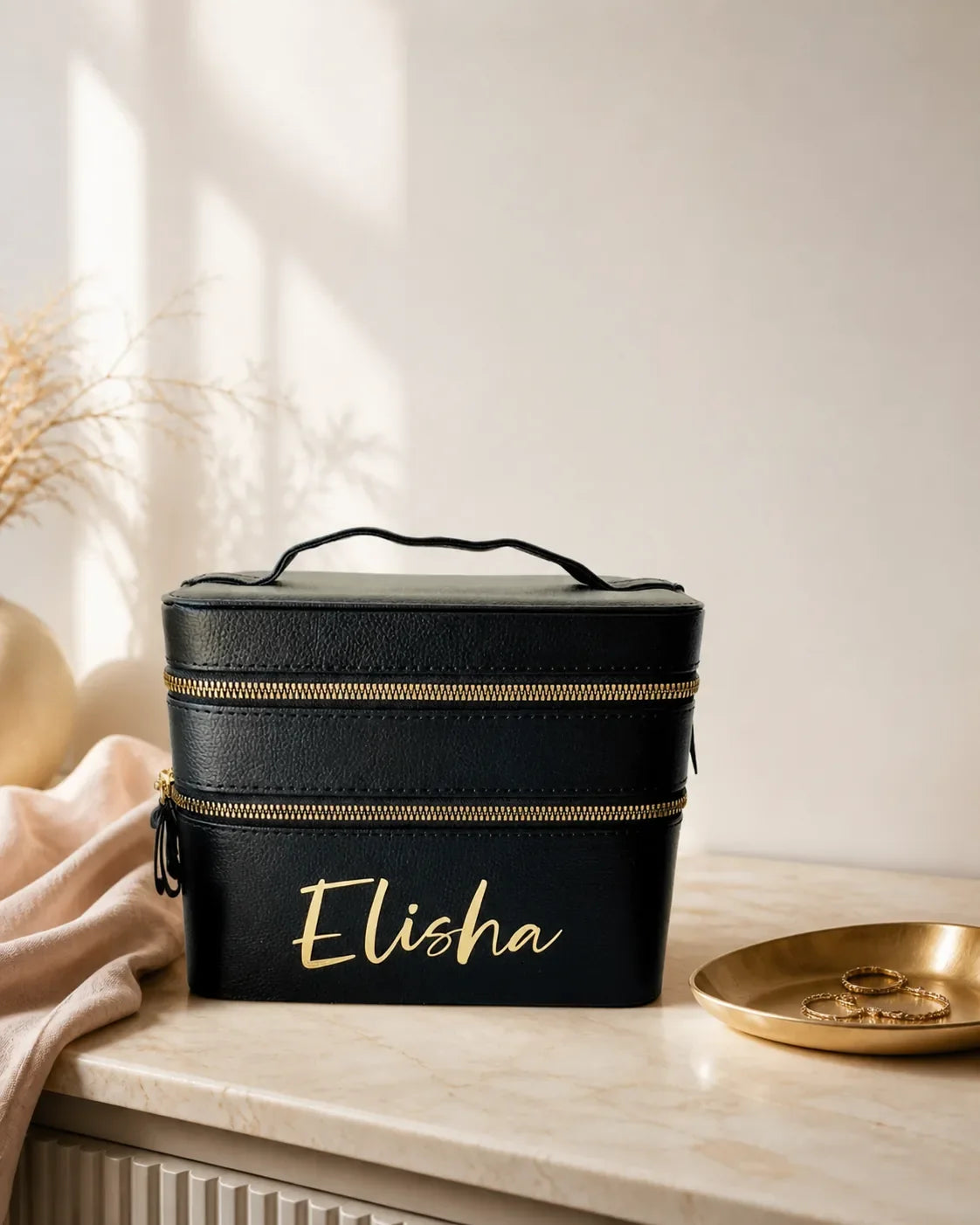 Personalised makeup case with ribbon, styled for gifting — PJ Luxe