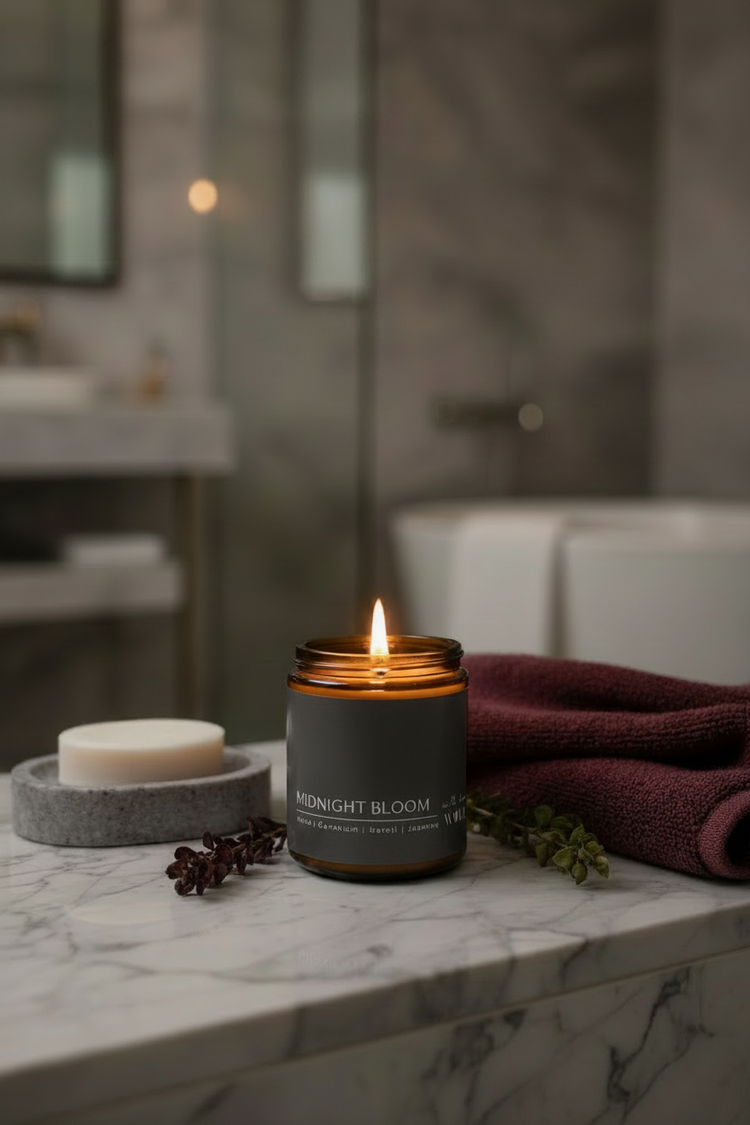 Exact Wolf Candle Co Midnight Bloom 220 g candle with original label