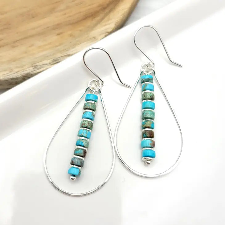 Turquoise and Silver Teardrop Hoop Earrings