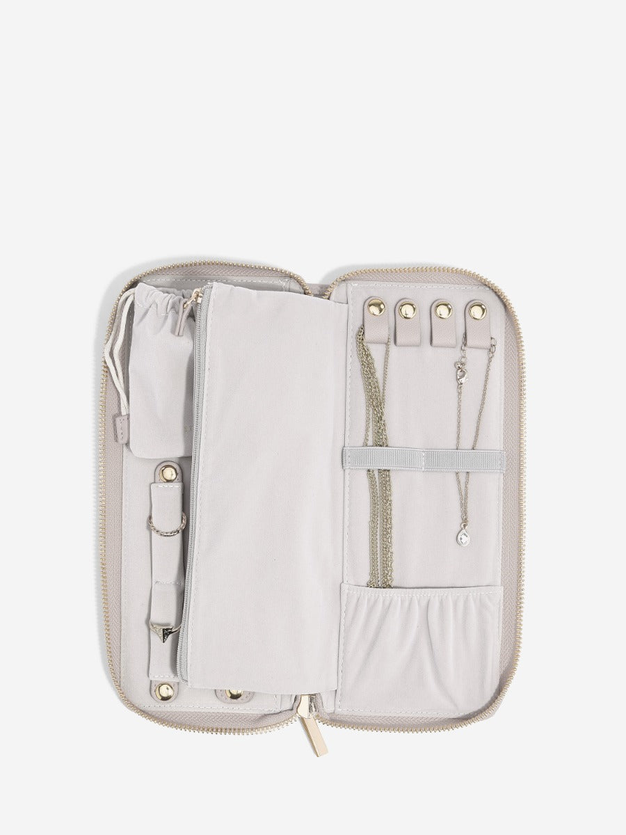 Stackers taupe jewellery roll with necklace storage revealed.