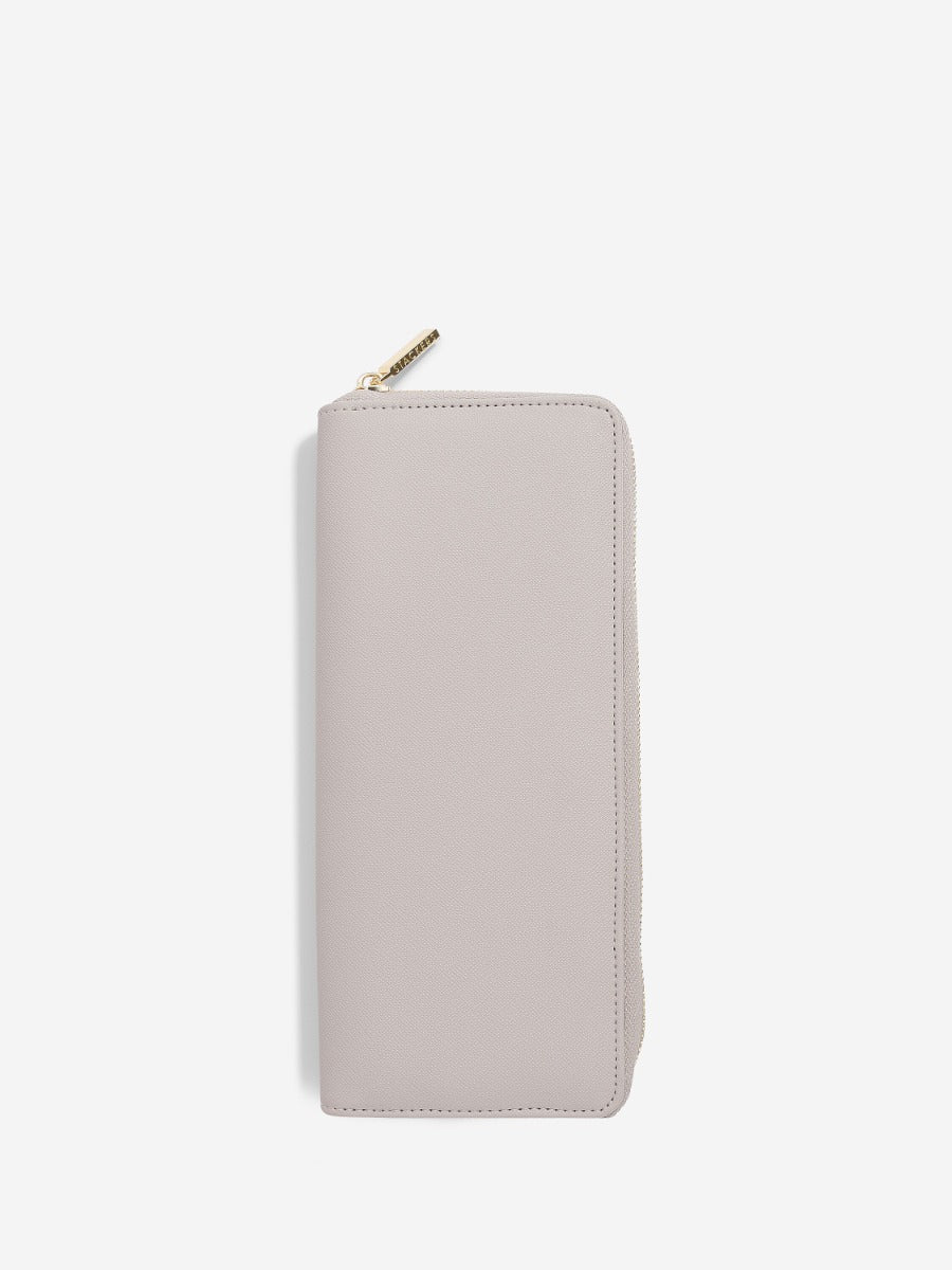 Stackers taupe jewellery roll exterior, vertical view.