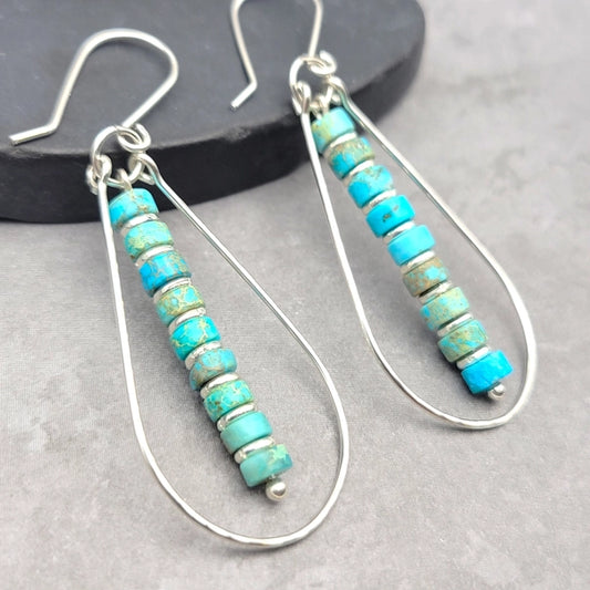 Turquoise and Silver Teardrop Hoop Earrings