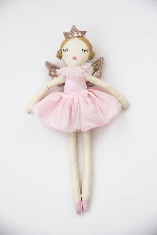 Plush Fairy Princess Angelina doll with embroidered features, wearing a pink tutu, sparkling wings, and tiara, ideal for cuddling and imaginative play.