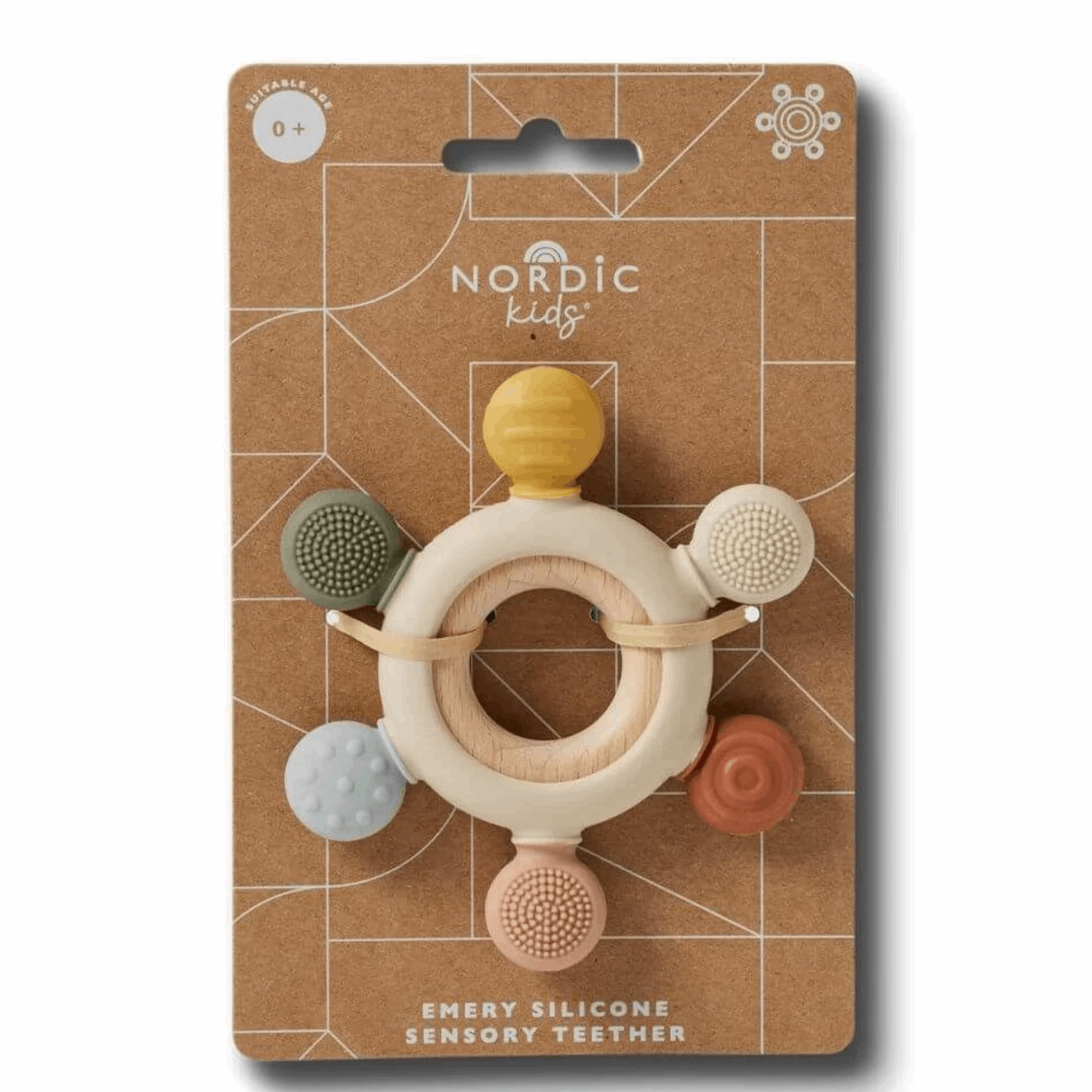 Colorful silicone sensory baby teether designed for soothing comfort, featuring multiple textures for tactile exploration and gum relief. Safe, BPA-free, and easy for little hands to grasp.