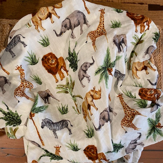 Safari Animals soft baby muslin blanket print option for the PJ Luxe Custom New Baby Gift Pack