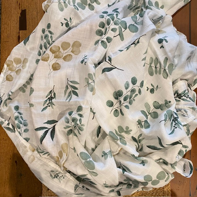 Eucalypt soft baby muslin blanket print option for the PJ Luxe Custom New Baby Gift Pack