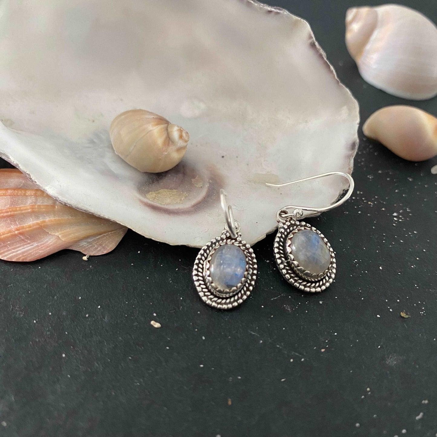 Sterling Silver and Moonstone Oval Drop Earrings