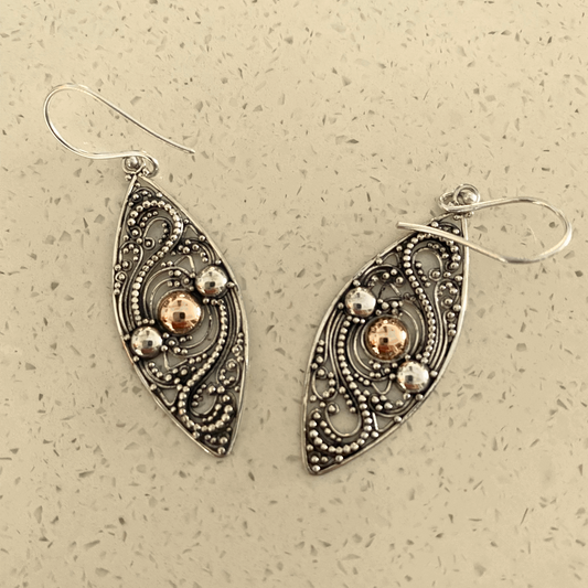 Antique-Inspired Filigree Sterling Silver Earrings with 18ct Rose Gold Accents