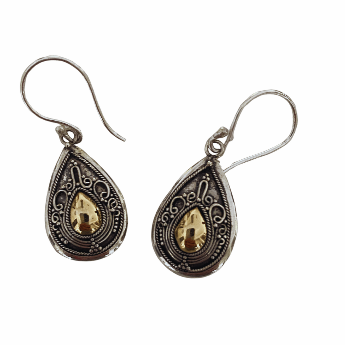 Classic Teardrop Balinese Style Sterling Silver and 18ct Yellow Gold Accent Earrings