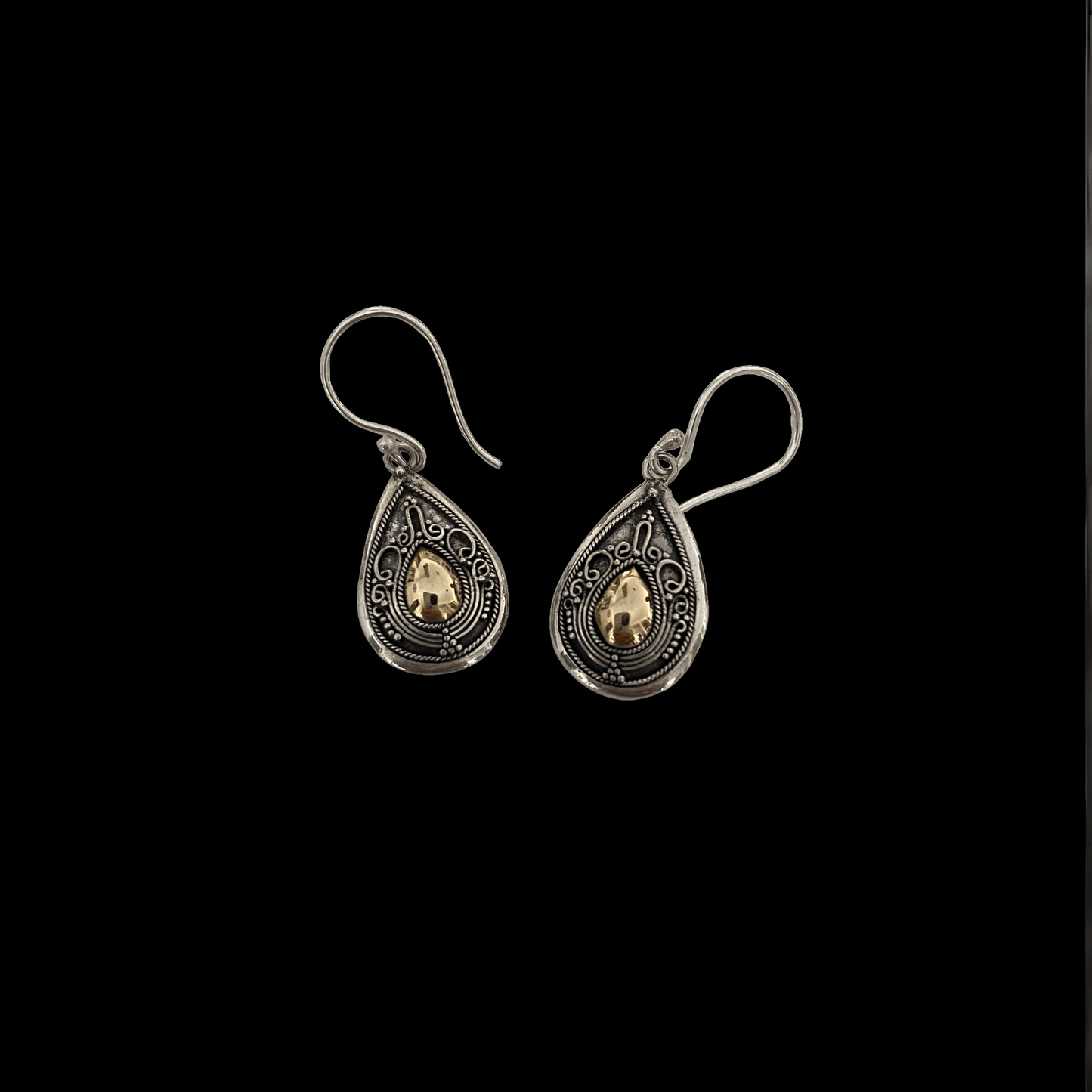 Classic Teardrop Balinese Style Sterling Silver and 18ct Yellow Gold Accent Earrings