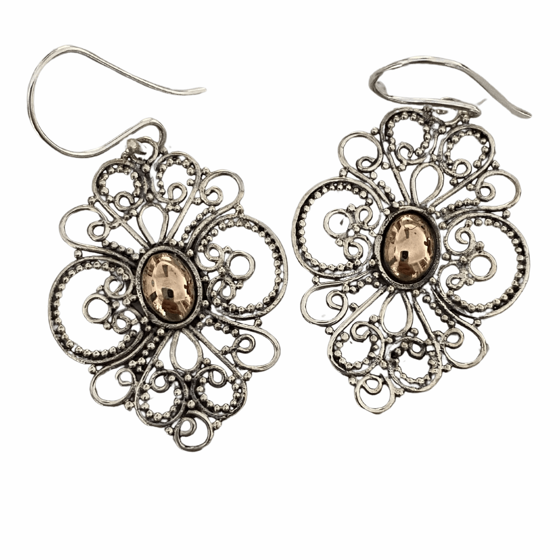 Ornate Balinese Style Sterling Silver Flower Earrings with 18ct Rose Gold Center