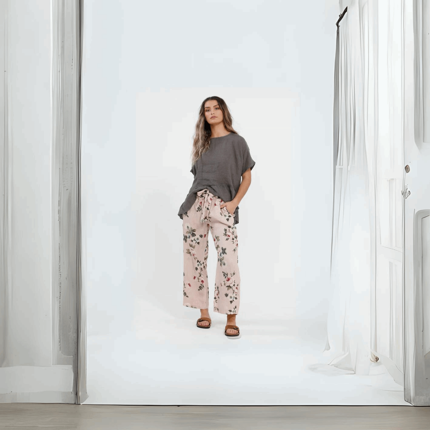 Eva Floral French Linen Pants - Miss Rose Sister Violet