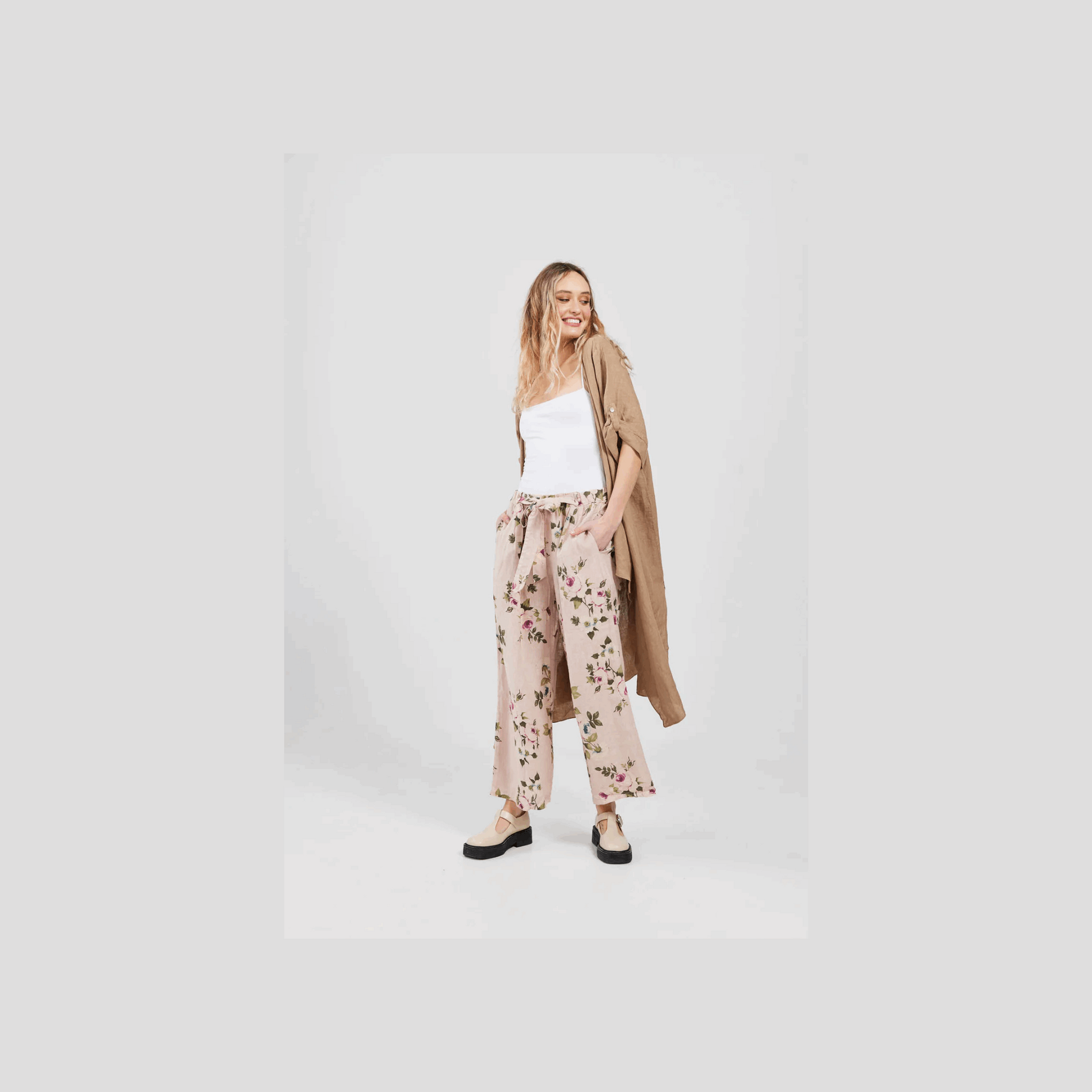 Eva Floral French Linen Pants - Miss Rose Sister Violet