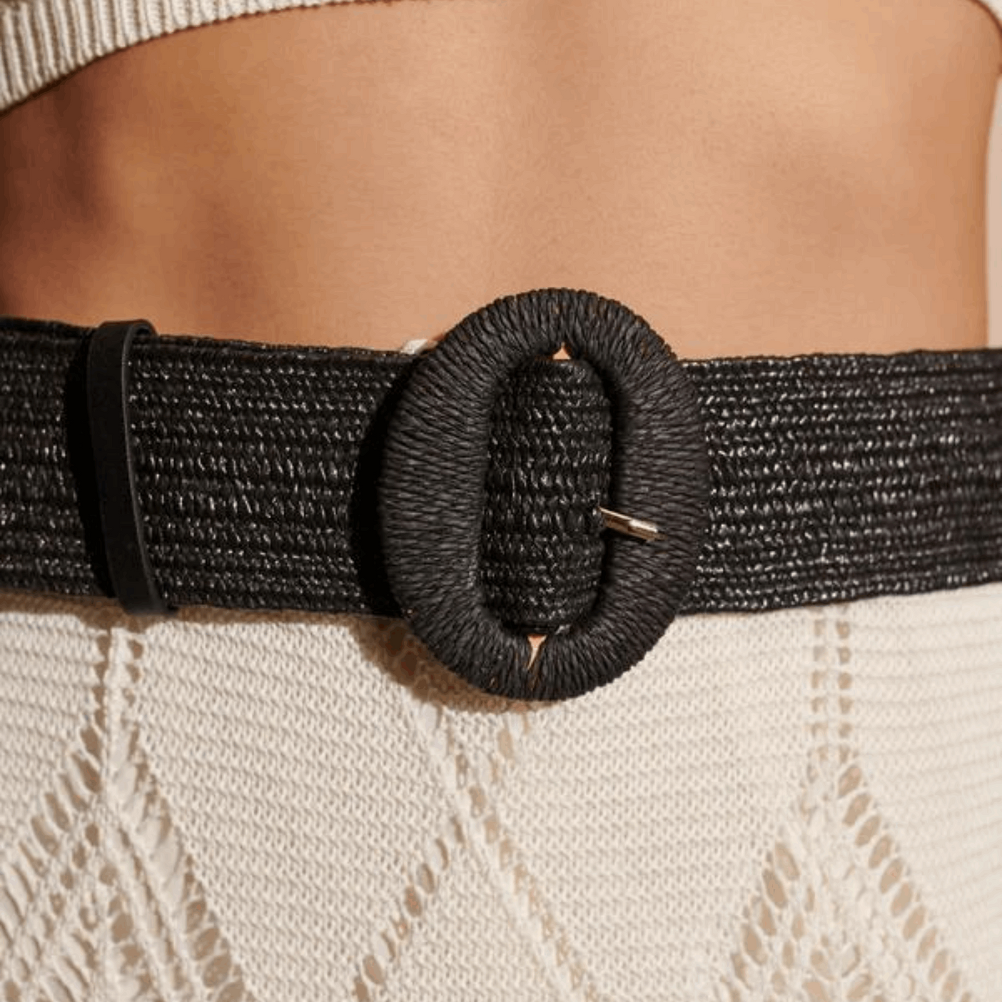 Black Round Buckle Stretch Straw Belt