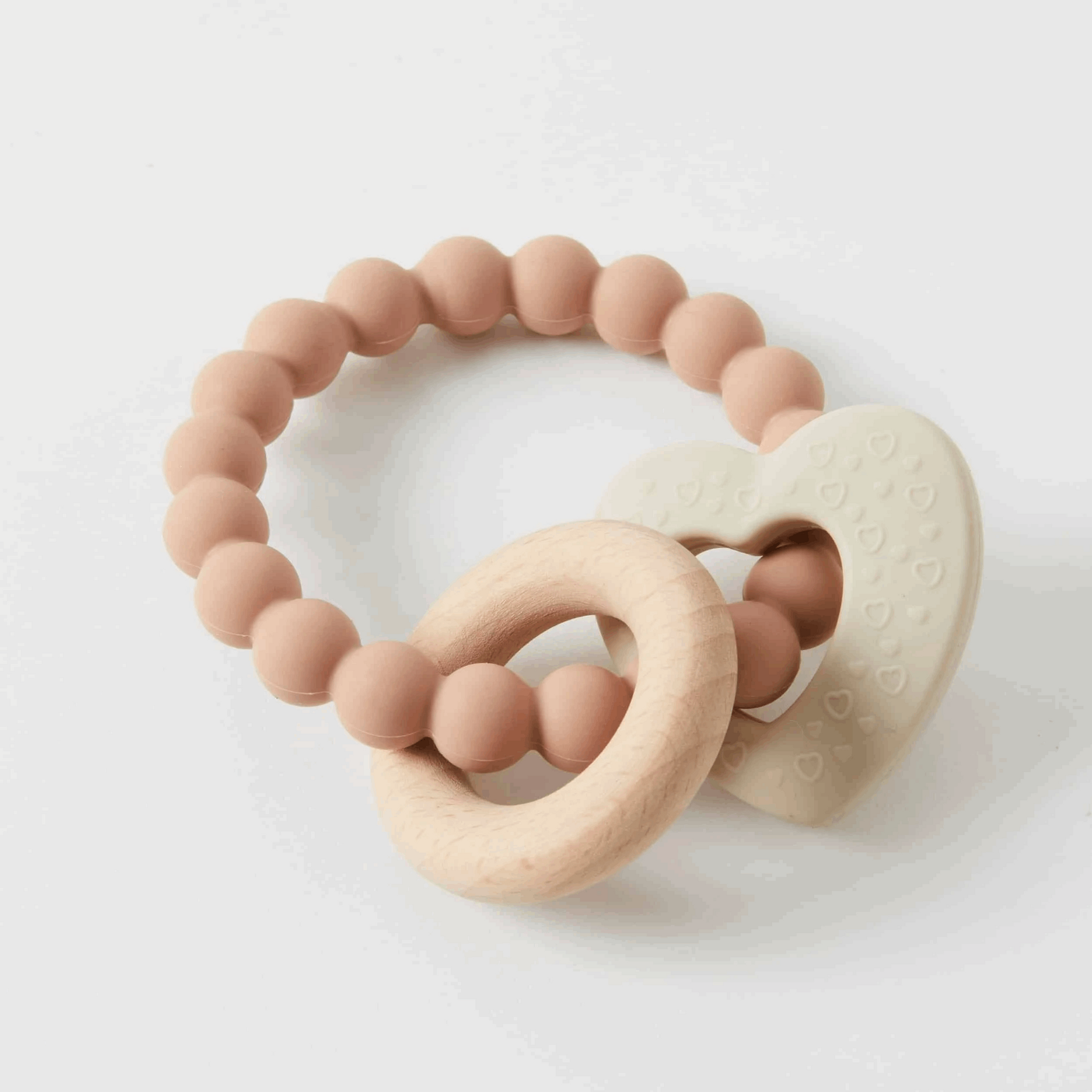 Natural and safe Mika Silicone & Wood Teether, featuring a combination of soft, BPA-free silicone beads and smooth, untreated wooden rings. Designed for soothing gums and promoting sensory development in infants.