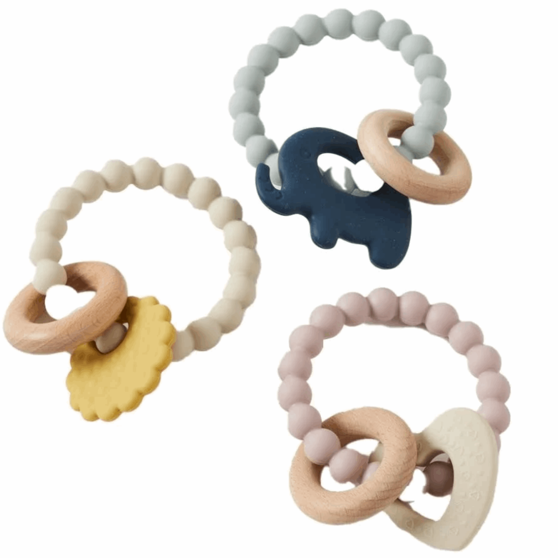 Mika silicone and wood teether included in the custom new baby gift pack