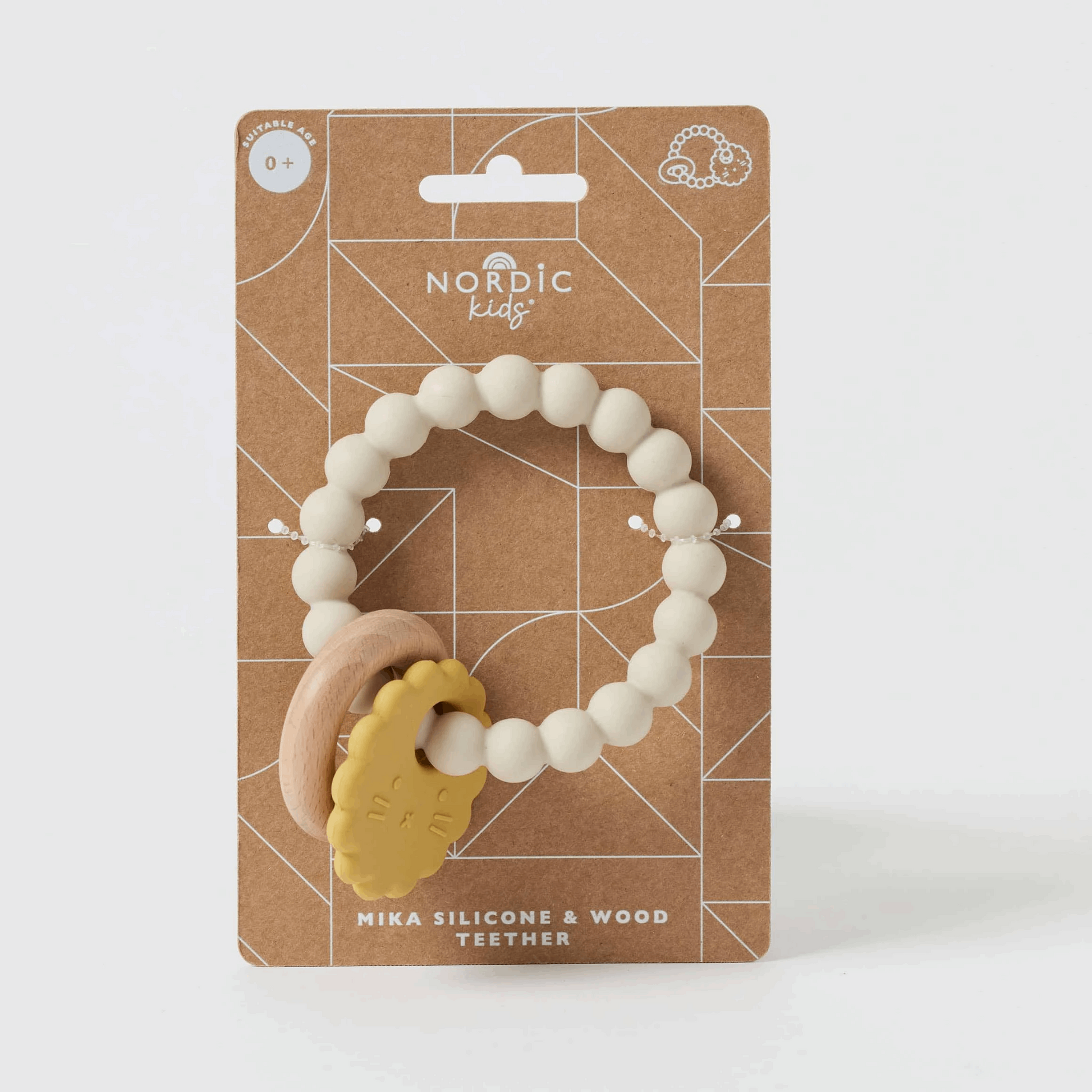 Natural and safe Mika Silicone & Wood Teether, featuring a combination of soft, BPA-free silicone beads and smooth, untreated wooden rings. Designed for soothing gums and promoting sensory development in infants.