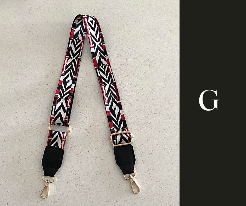 The image showcases a collection of Luxe Bohemian Guitar Style Shoulder Straps laid out horizontally. Each strap is adorned with vibrant, intricate patterns, featuring a mix of geometric shapes and vivid colors that exude a bohemian aesthetic. The straps are finished with sturdy hardware, suggesting a functional yet fashionable accessory designed to complement and enhance a variety of handbags or travel items. The overall presentation is rich and colorful, aligned with a luxurious and eclectic style