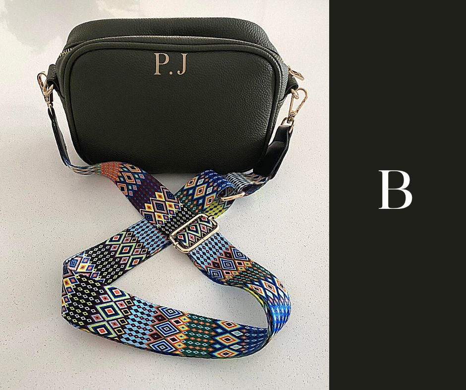The image showcases a collection of Luxe Bohemian Guitar Style Shoulder Straps laid out horizontally. Each strap is adorned with vibrant, intricate patterns, featuring a mix of geometric shapes and vivid colors that exude a bohemian aesthetic. The straps are finished with sturdy hardware, suggesting a functional yet fashionable accessory designed to complement and enhance a variety of handbags or travel items. The overall presentation is rich and colorful, aligned with a luxurious and eclectic style