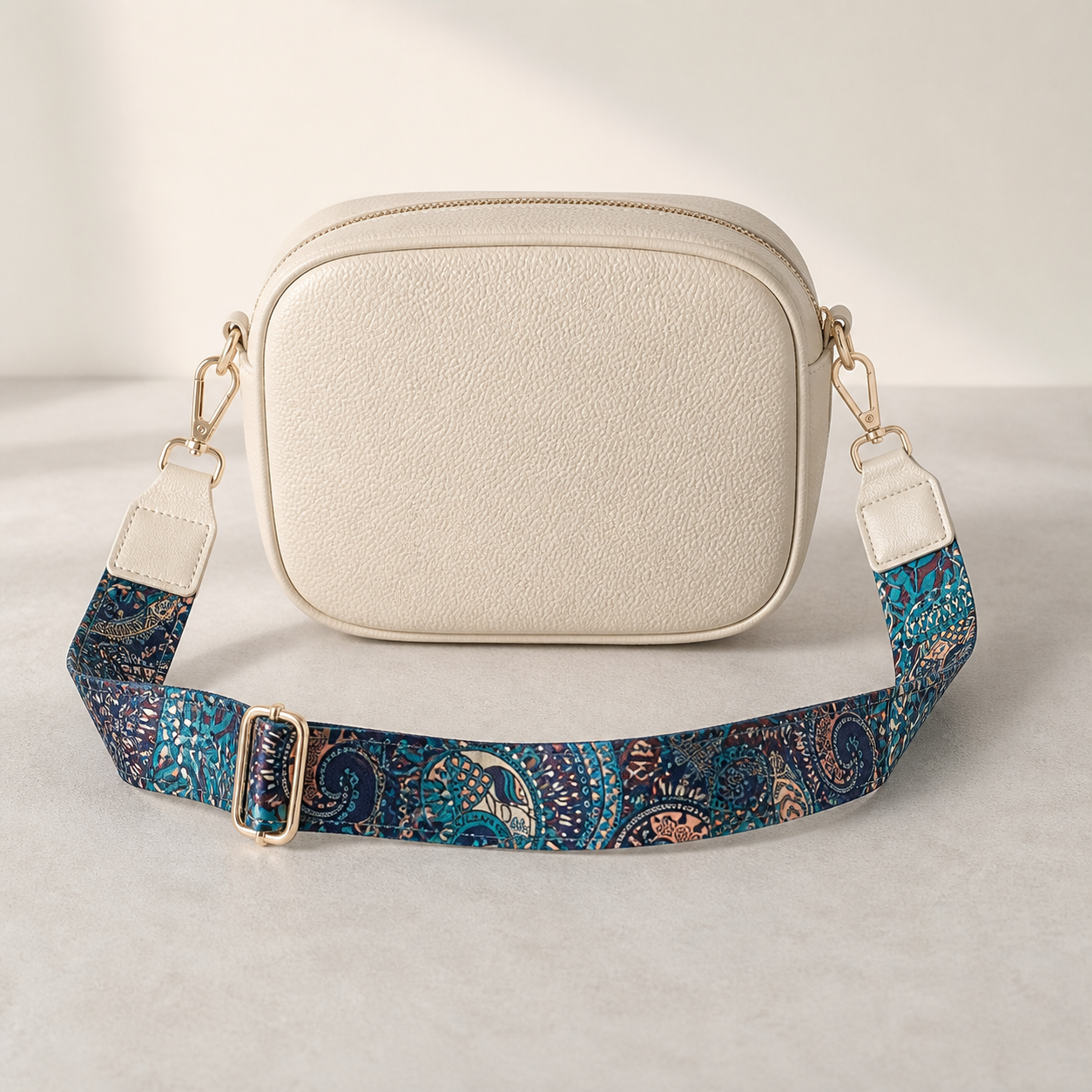 Midnight Paisley bag strap attached to a cream crossbody bag; bag not included