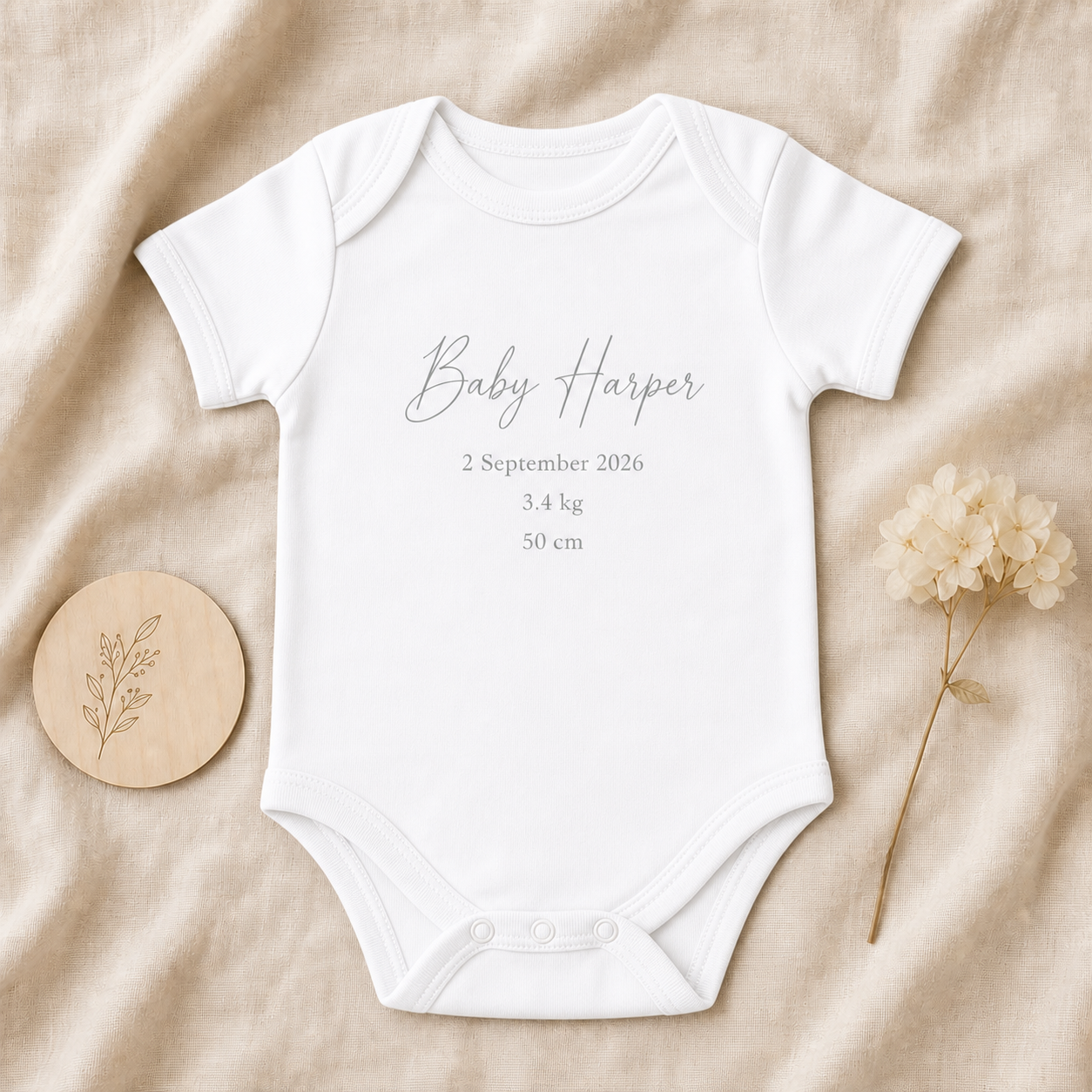 Concept mockup of a white personalised baby bodysuit with Baby Harper birth details