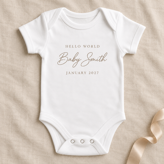 White personalised baby announcement bodysuit mockup reading Hello World, Baby Smith, January 2027 on ivory linen
