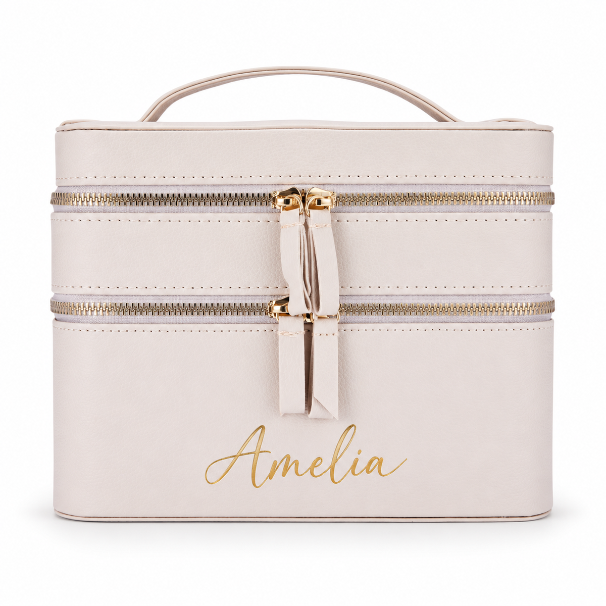 Beige travel makeup case mockup with example Amelia name in gold, two zip tiers and top carry handle