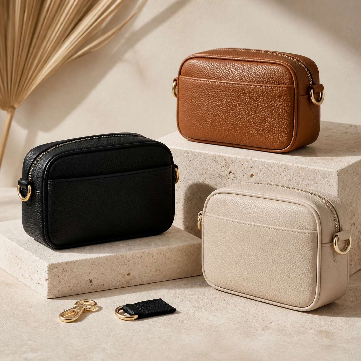 Styling inspiration with black, tan and cream crossbody bags; bags not included