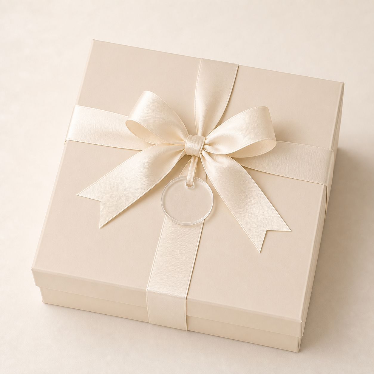 Ivory new baby gift box tied with cream ribbon and a small clear round acrylic tag