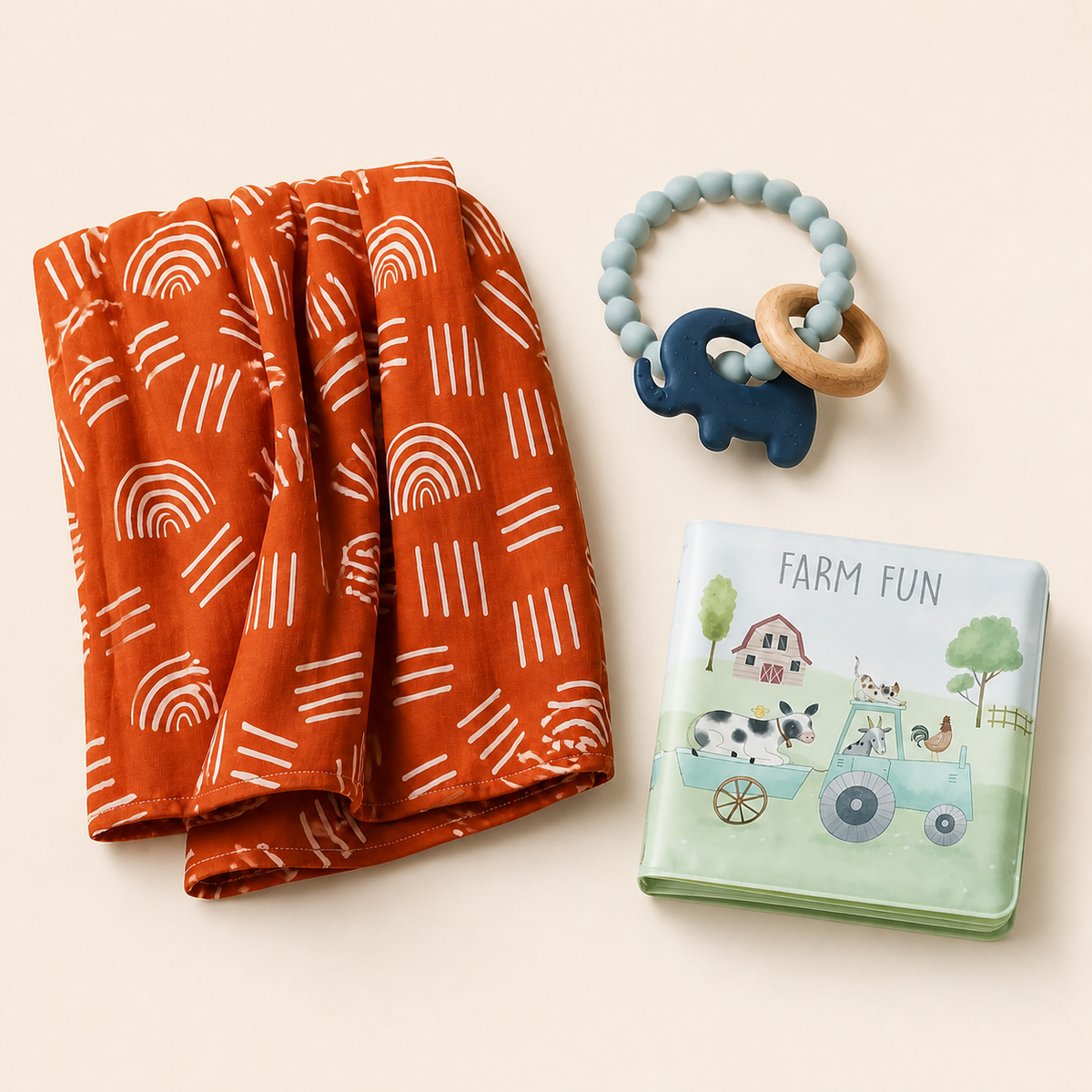 Custom New Baby Gift Pack with muslin blanket, Mika teether and Farm Fun bath book