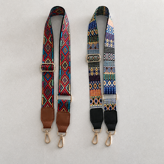 Carnival Diamond and Festival Mosaic interchangeable bag straps shown together as a two-strap duo