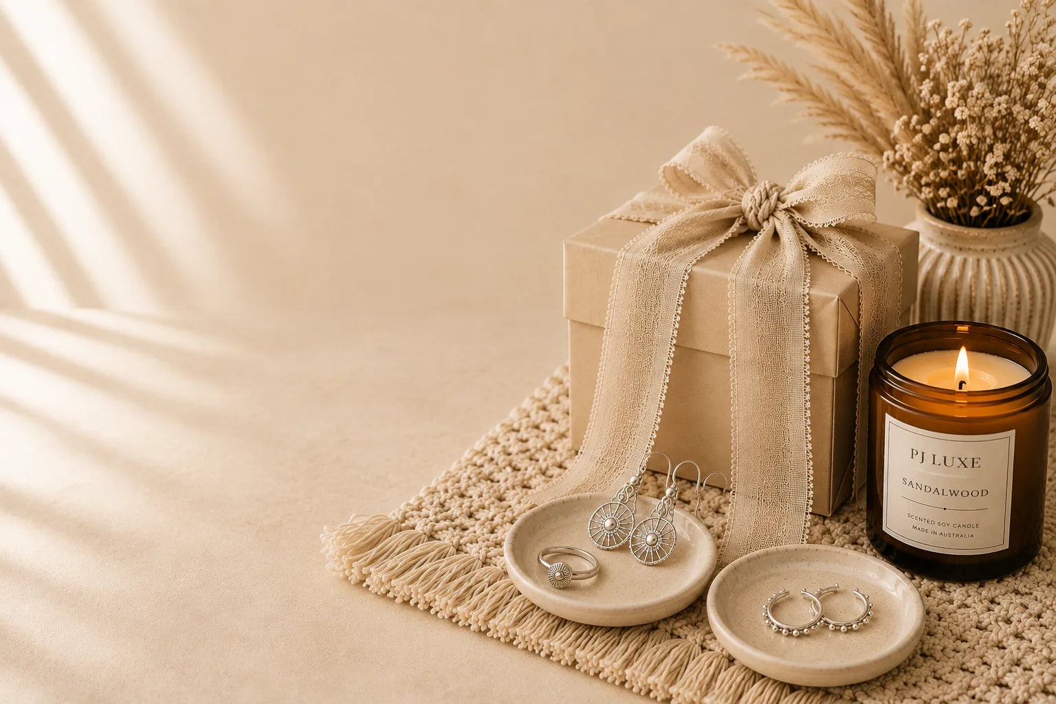 PJ Luxe jewellery, gift box and candle arranged for thoughtful gifting