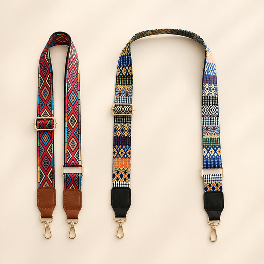 Carnival Diamond and Festival Mosaic interchangeable bag straps opened side by side
