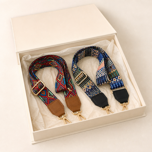 Carnival Diamond and Festival Mosaic bag strap duo presented in an open ivory gift box