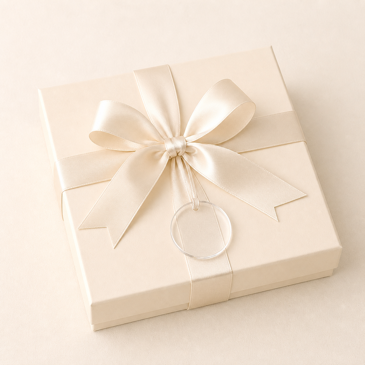 Ivory bag strap duo gift box tied with cream ribbon and a small clear round acrylic tag