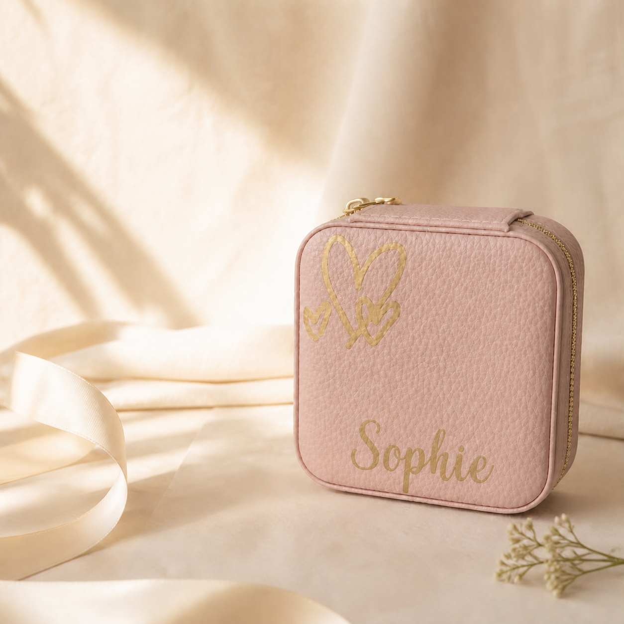Pink personalised travel jewellery case with Sophie in gold script