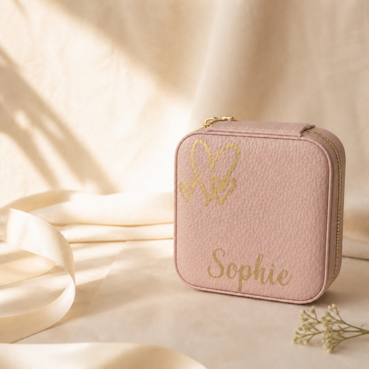 Pink personalised travel jewellery case with Sophie in gold script