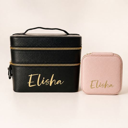 Personalised Travel Case Duo with black makeup case and pink jewellery case