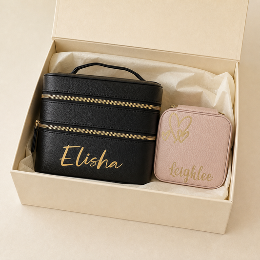 Personalised travel makeup and jewellery case duo presented in an open ivory gift box