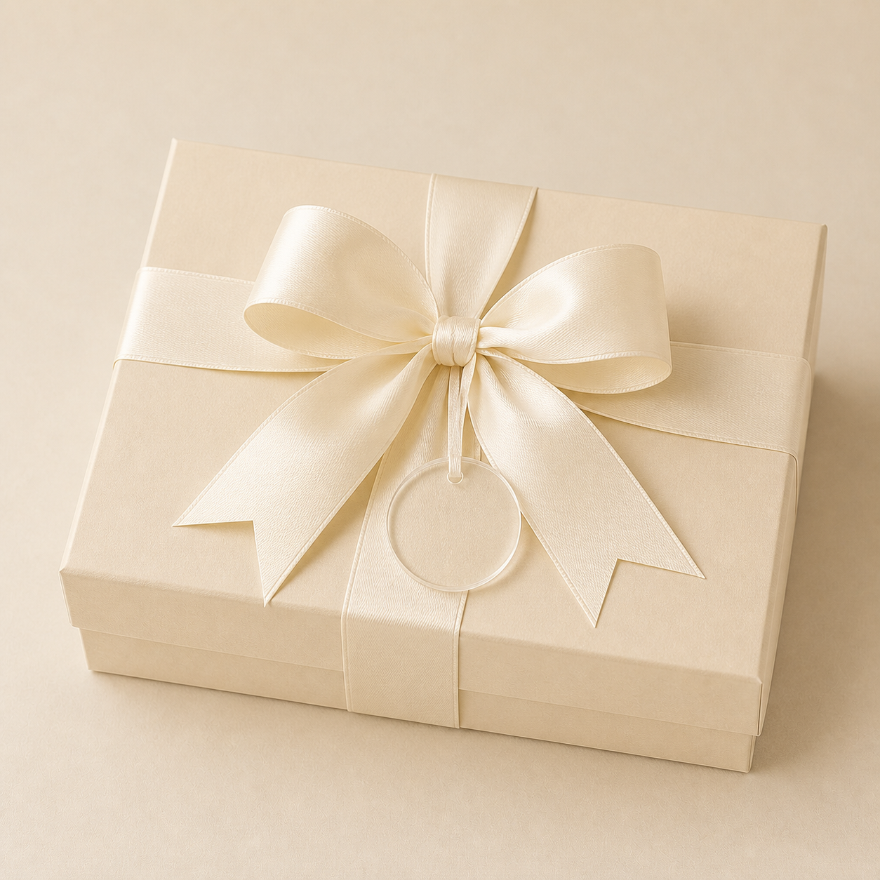 Ivory travel duo gift box tied with cream ribbon and a small clear round acrylic tag