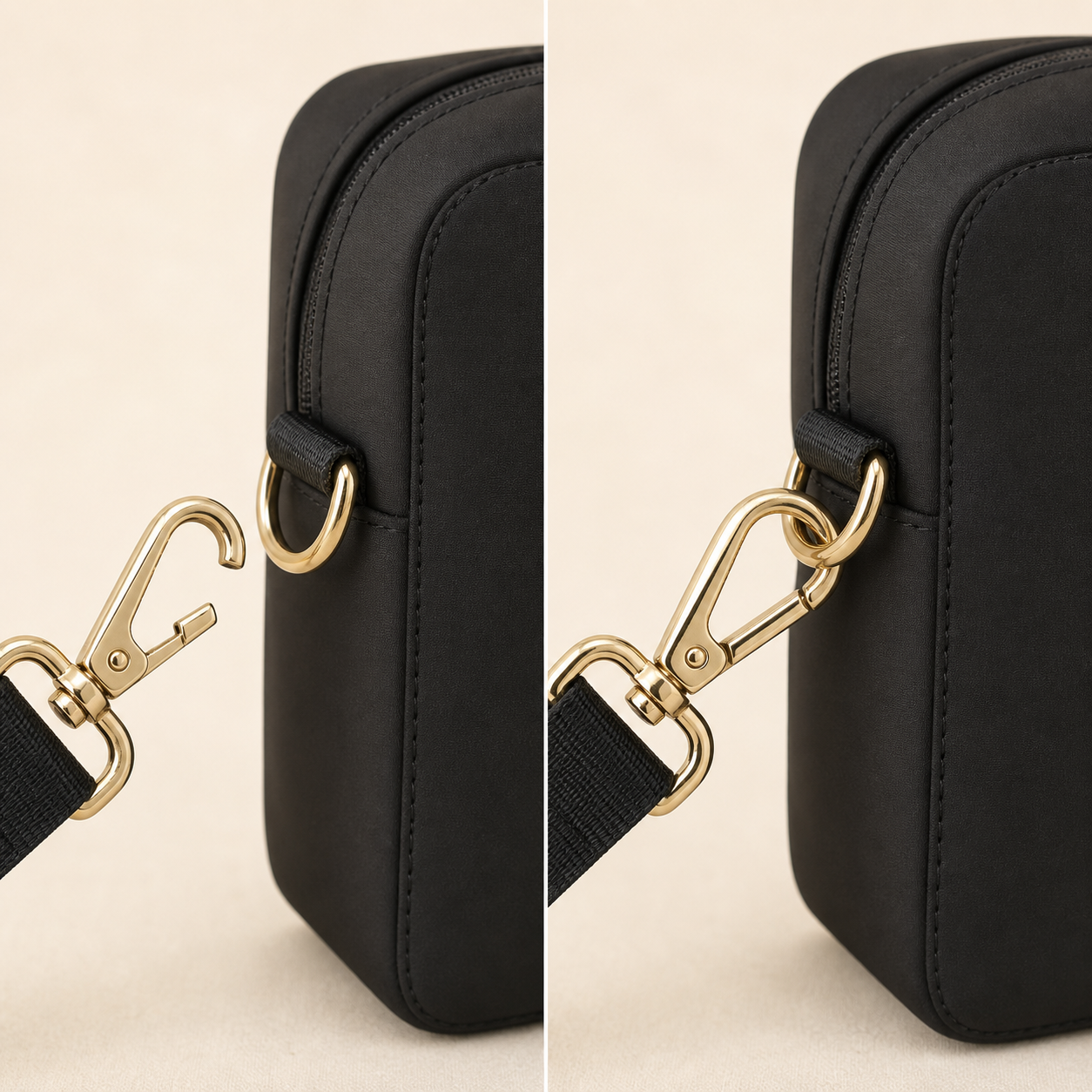 Compatibility guide showing a swivel clip attaching to a secure D-ring