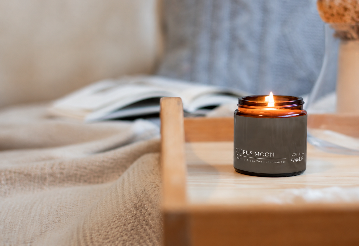 Wolf Candle Co Citrus Moon amber glass candle launch at PJ Luxe